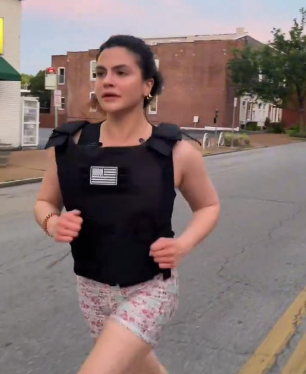 Valentina Gomez pictured running in a bulletproof vest in a campaign video posted 12 May. The Missouri Secretary of State candidate is facing online backlash after making an anti-LGBTQ+ statement in the video
