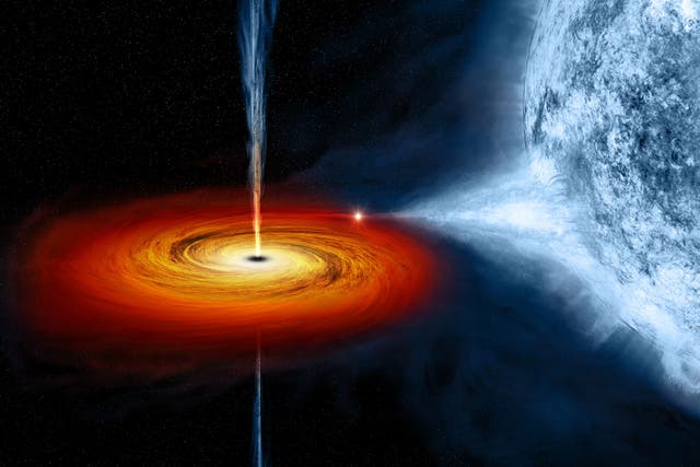 <p>A black hole pulls material from a companion star towards it</p>