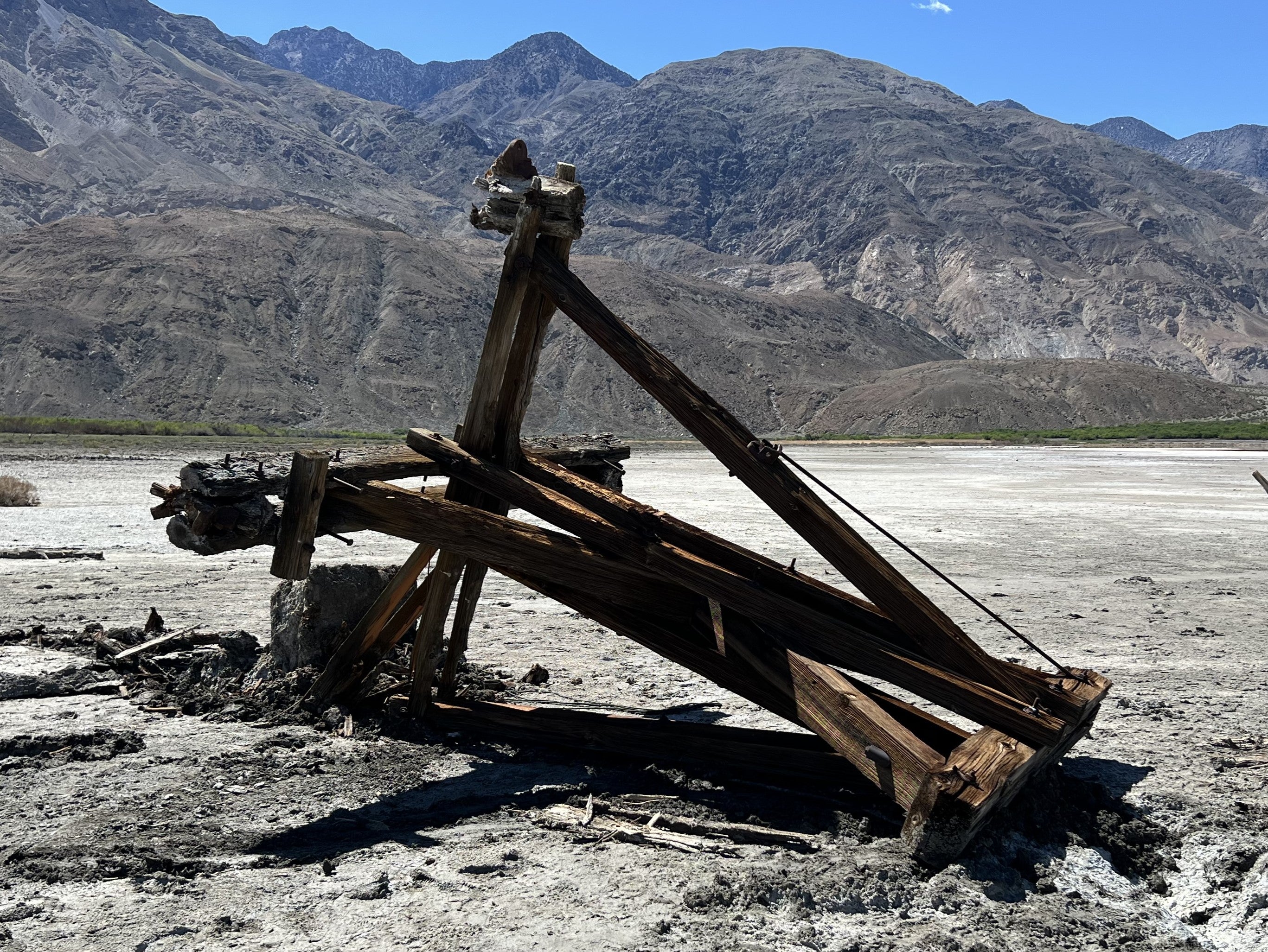 The historic Saline Valley Tram tower was found toppled with car tyre tracks nearby