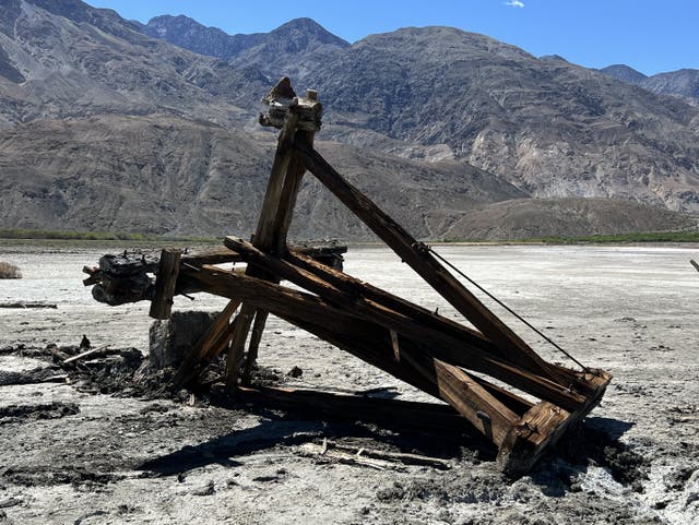 <p>The historic Saline Valley Tram tower was found toppled with car tire tracks nearby</p>