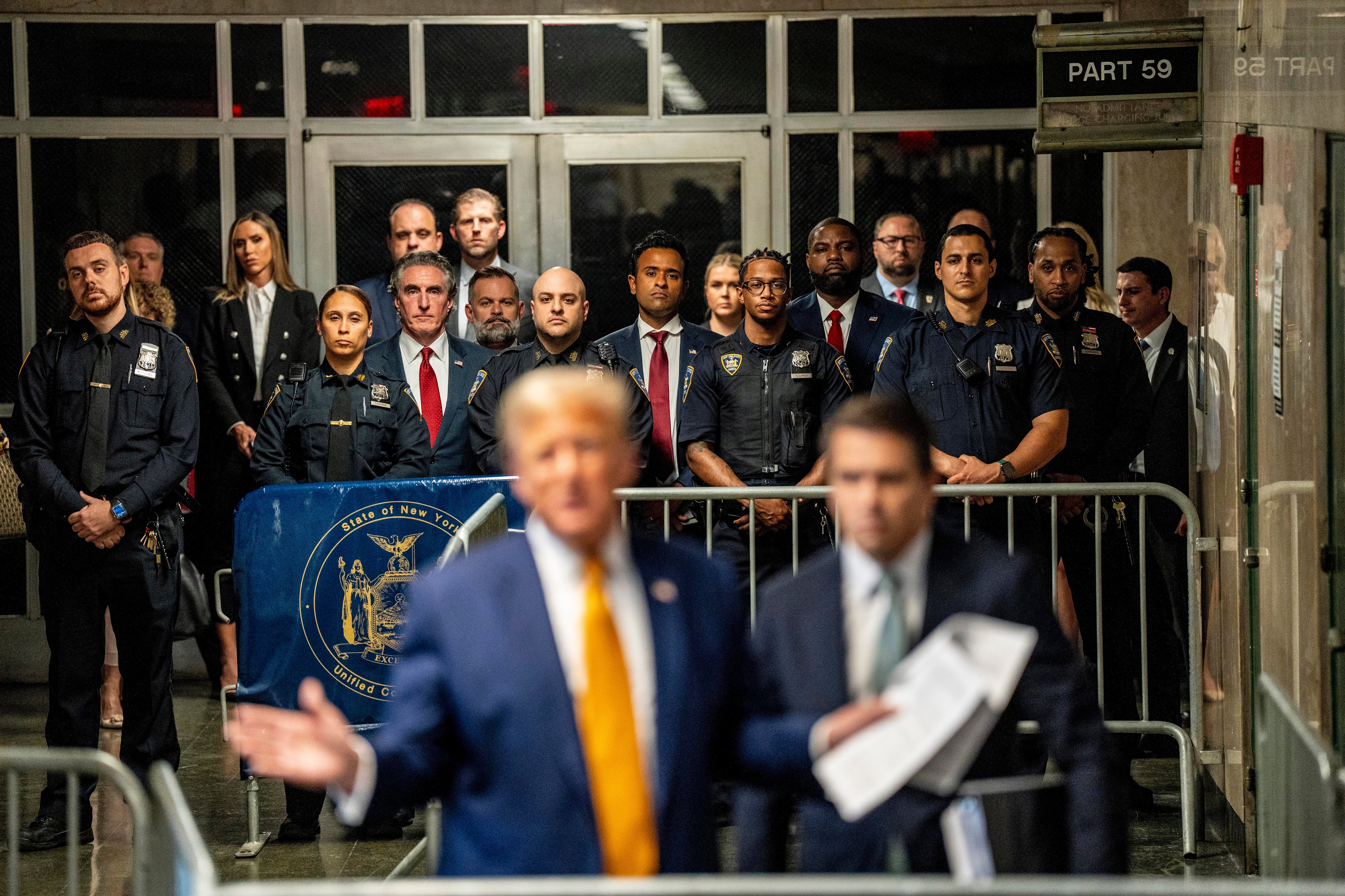 Prominent allies of Donald Trump appeared in a Manhattan criminal courthouse to support the former president during his hush money trial on 14 May.