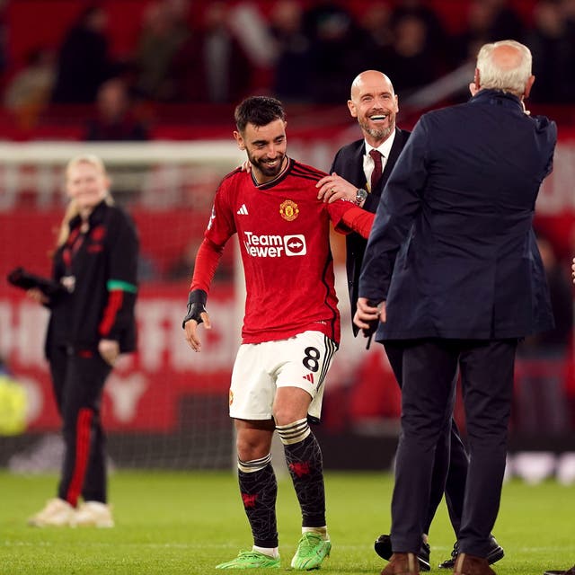 Manchester United’s Bruno Fernandes and manager Erik ten Hag after the Premier League match at Old Trafford, Manchester. Picture date: Wednesday May 15, 2024.