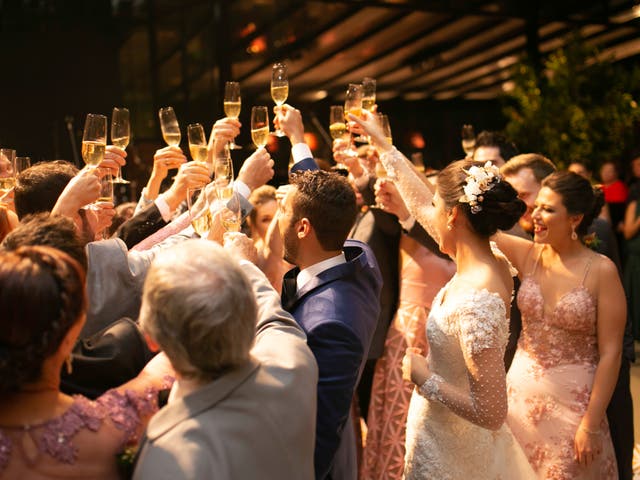 <p>Bride, groom and wedding guests making a toast</p>