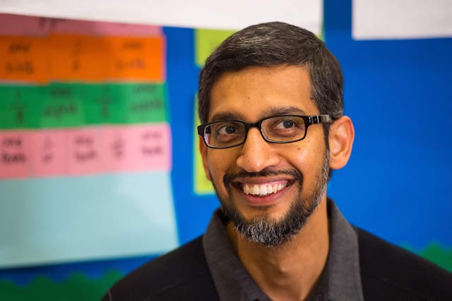 Google CEO Sundar Pichai during a visit to Argyle Primary School, in London, alongside Minister for Digital Policy Matt Hancock, as Google announced plans to bring VR technology to one million schoolchildren in the UK as part of a new learning initiative (PA)