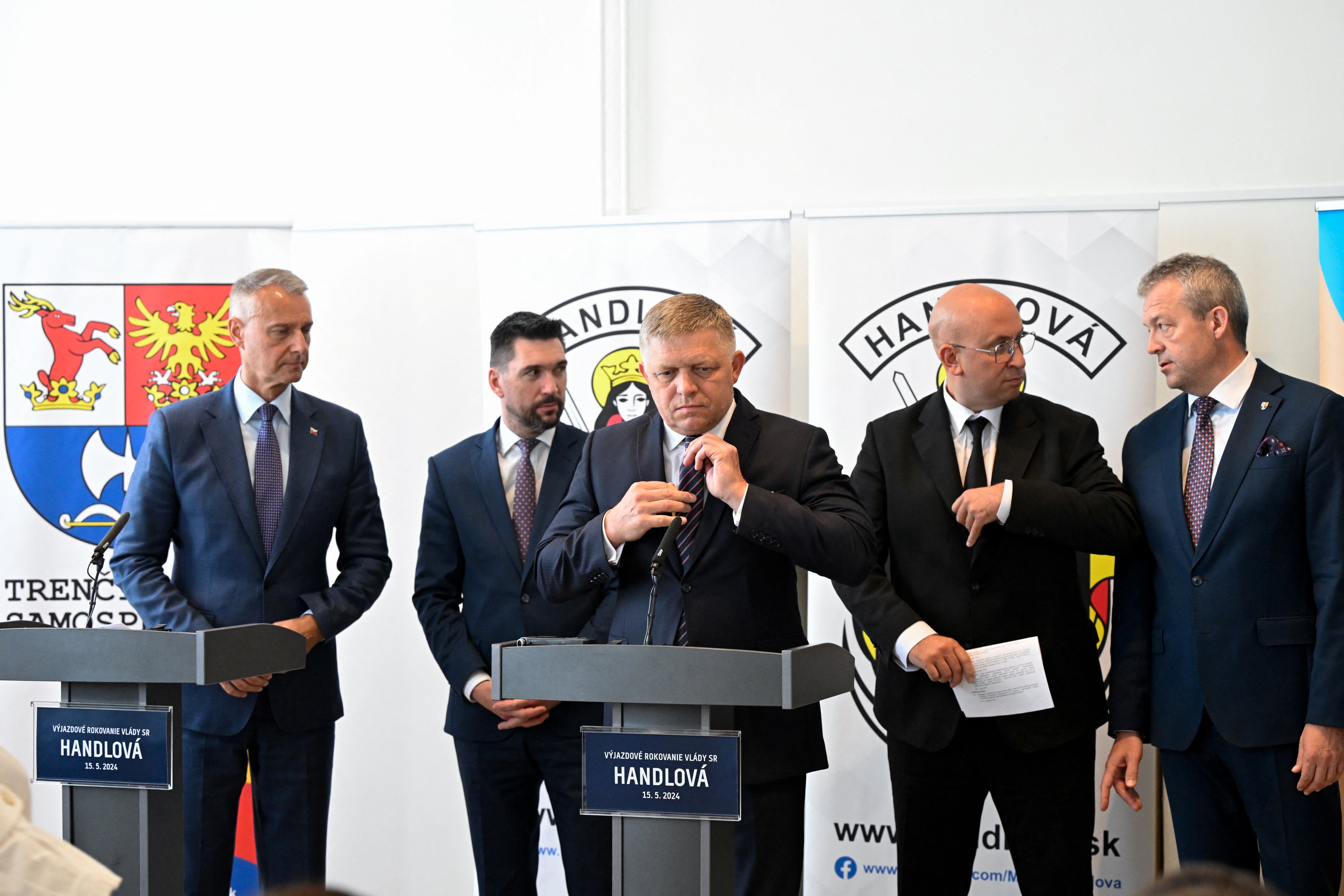 Slovak prime minister Robert Fico looks on during a press conference, before a shooting incident where he was wounded, in Handlova, Slovakia, 15 May 2024