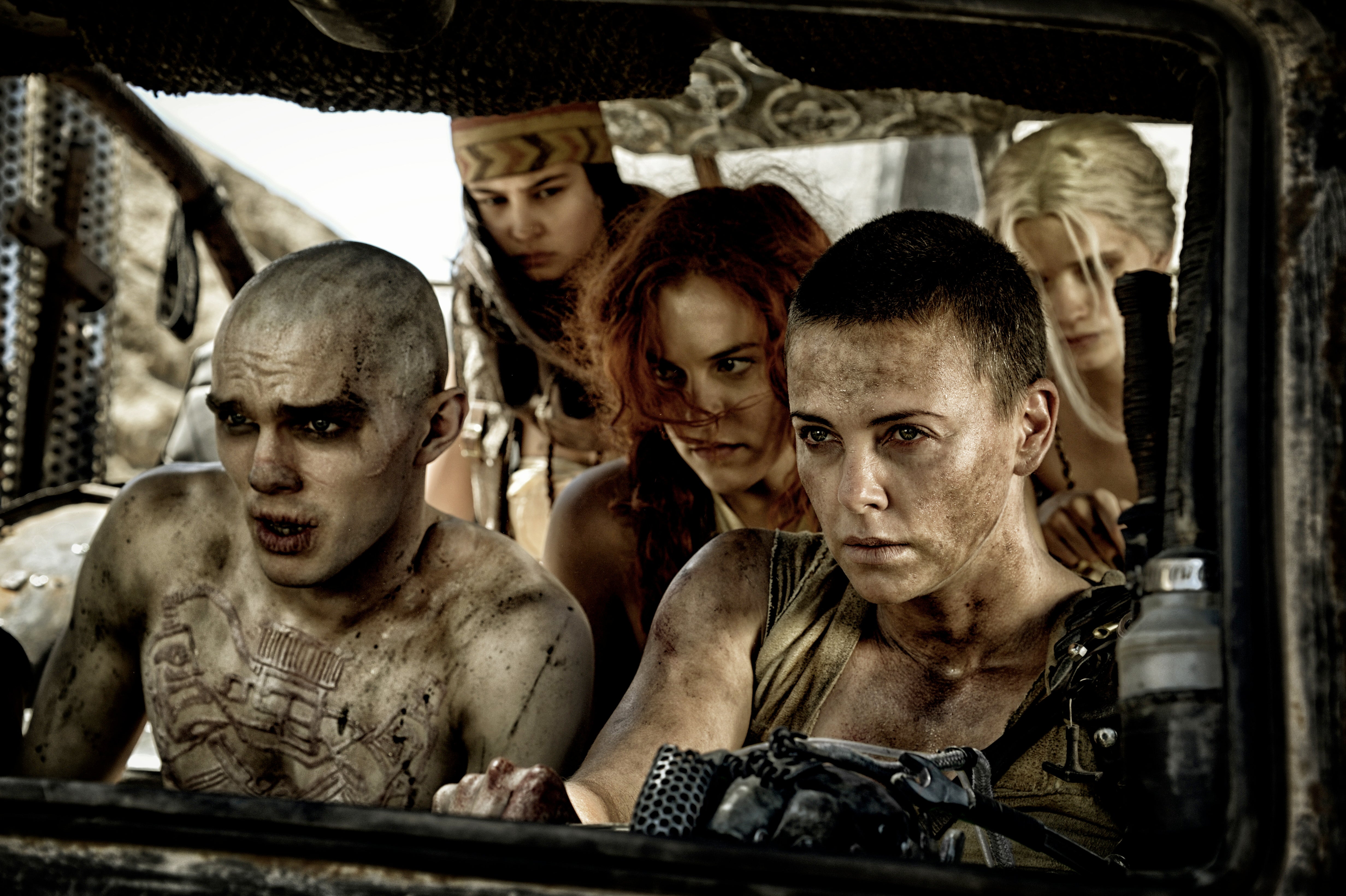 ‘Are we there yet?’ Nicholas Hoult, Courtney Eaton, Riley Keough, Charlize Theron and Abbey Lee Kershaw in ‘Fury Road’