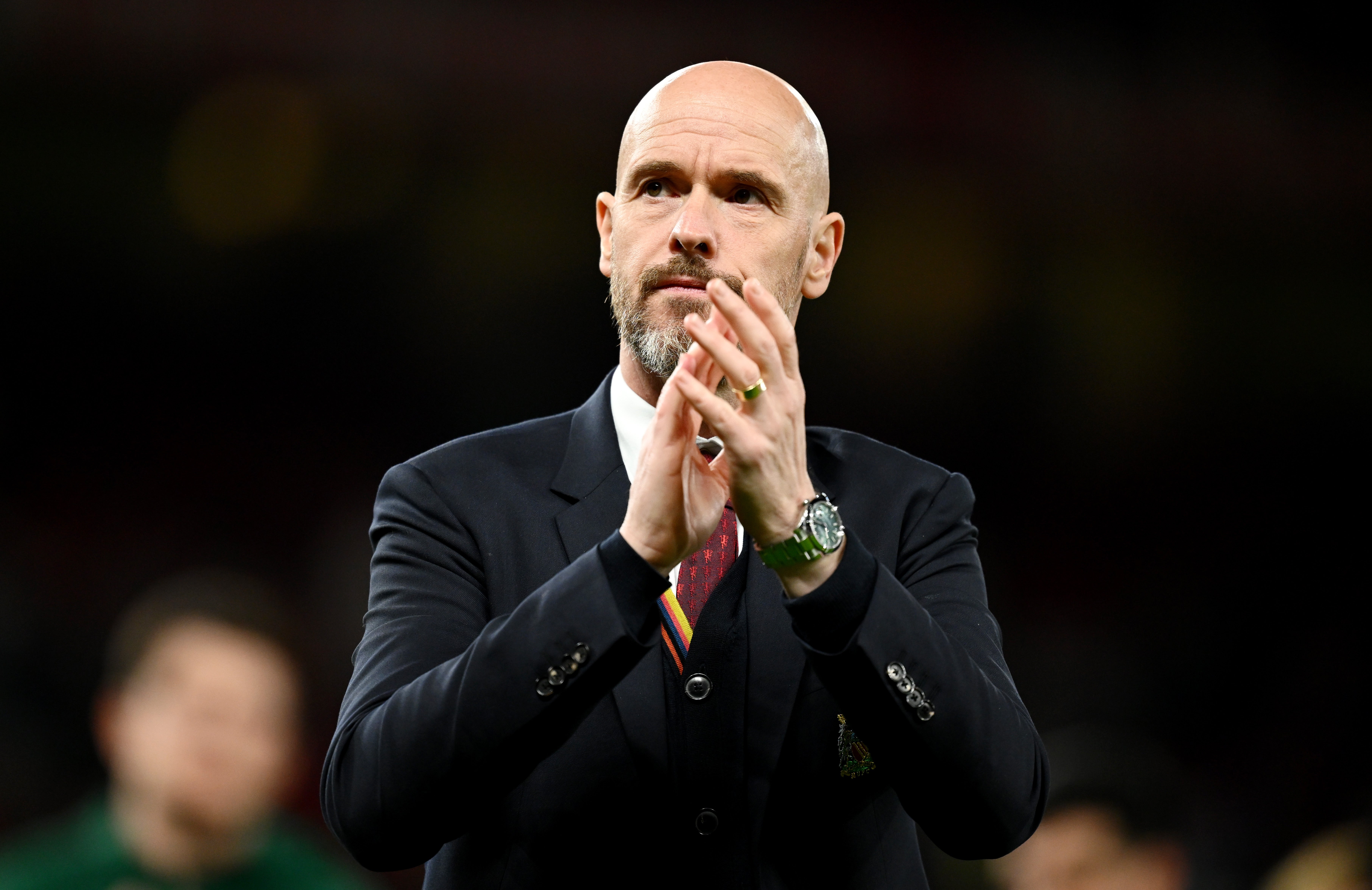 Erik ten Hag, Manager of Manchester United, applauds the fans