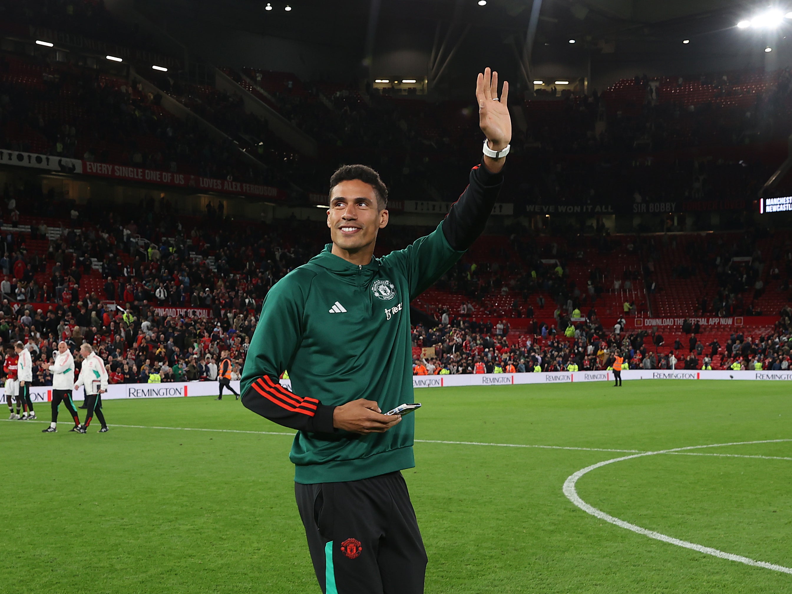 Raphael Varane of Manchester United says goodbye to the fans