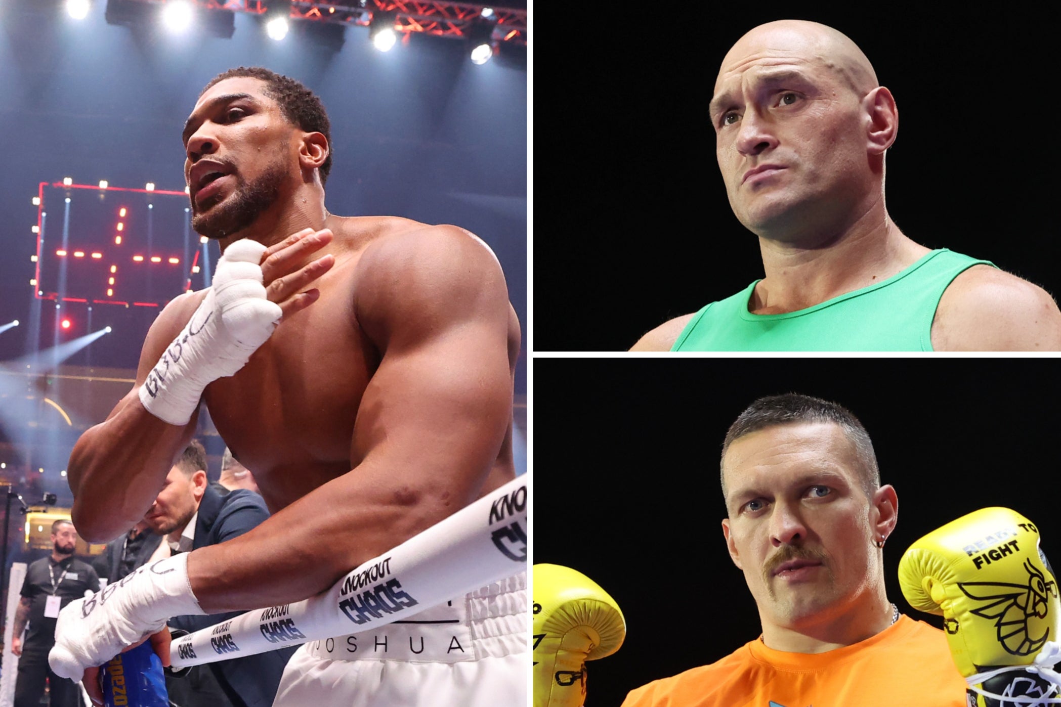 Anthony Joshua (left), Tyson Fury (top right) and Oleksandr Usyk