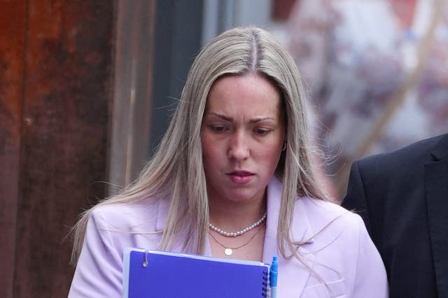 Rebecca Joynes arriving at Manchester Crown Court, where she is charged with six counts of sexual activity with two teenagers (Peter Byrne/PA)