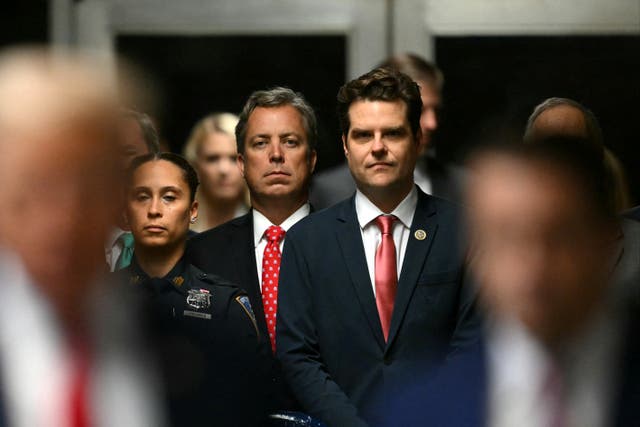 <p>Matt Gaetz in the courthouse for Donald Trump’s trial on 16 May </p>