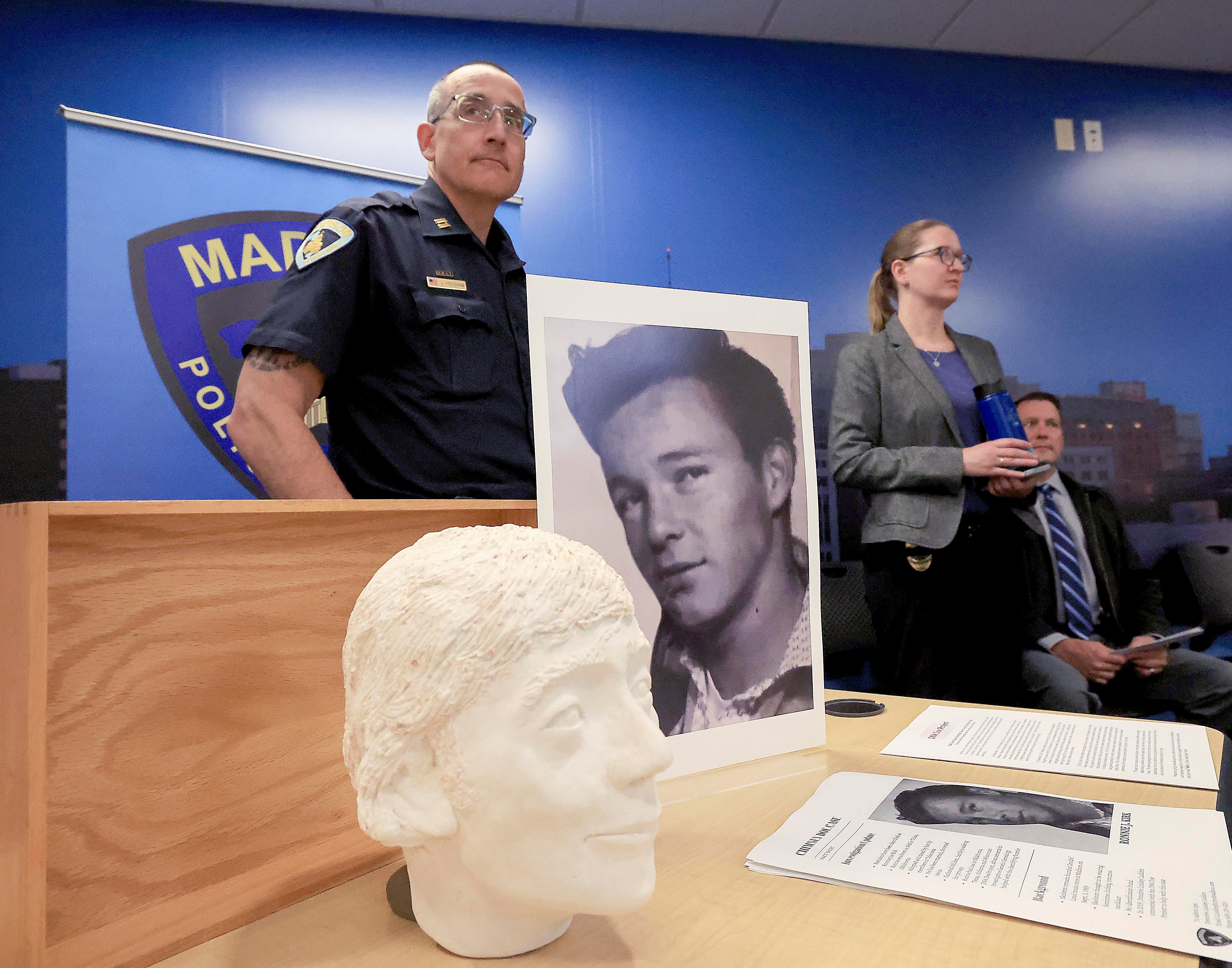 Madison Police Department Mid Town District Capt. Jason Freedman and Det. Lindsey Ludden announce the identification of Ronnie Joe Kirk of Tulsa, Okla. as the person whose remains were discovered in a chimney of a former music store in the city In 1989.