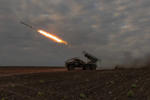 <p>Ukraine servicemen fire a multiple rocket launcher toward Russian positions, in the Kharkiv region</p>