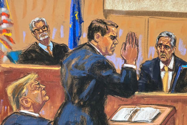 <p>Michael Cohen is asked about taking an oath as he is cross-examined by defense lawyer Todd Blanche during Donald Trump’s criminal trial. Judge Juan Merchan and the former president look on... </p>