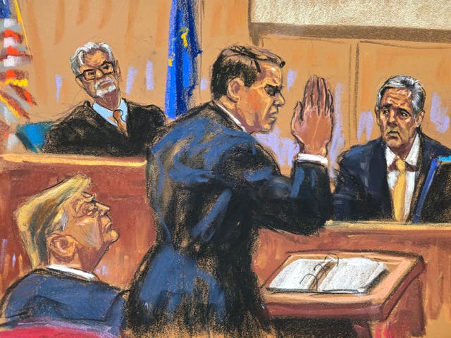 <p>Michael Cohen is grilled under cross-examiation by defense lawyer Todd Blanche during former president Donald Trump’s criminal trial </p>