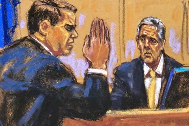 Michael Cohen is asked about taking an oath as he is cross-examined by defense lawyer Todd Blanche during former President Donald Trump’s criminal trial 