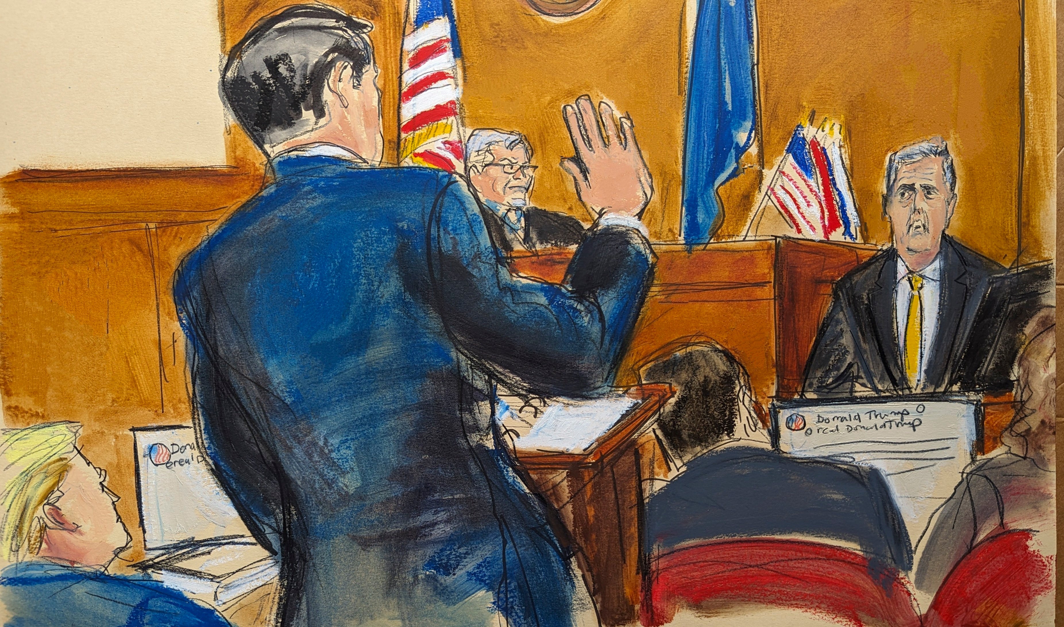 A courtroom sketch depicts Donald Trump’s defense attorney Todd Blanche questioning Michael Cohen on the witness stand in the former president’s hush money trial on 16 May.