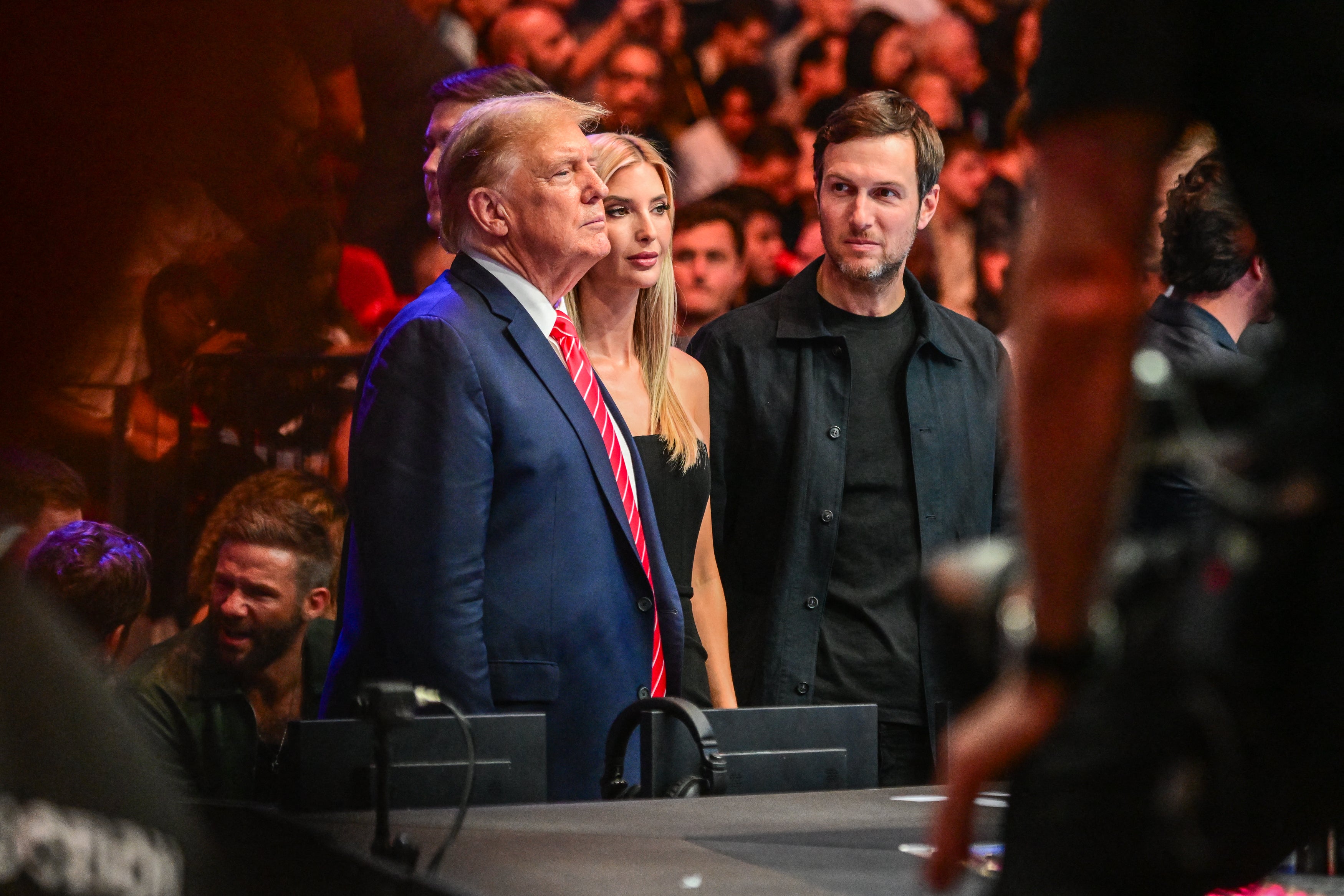 Donald Trump (L), his daughter Ivanka Trump (C) and her husband Jared Kushner attend the Ultimate Fighting Championship (UFC) 299 mixed martial arts event at the Kaseya Center in Miami, Florida on March 9, 2024