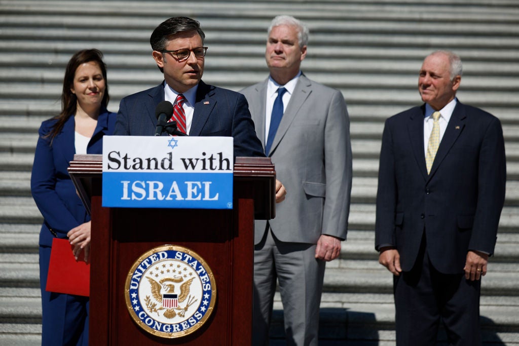 Speaker Mike Johnson and leaders of the House Republican Caucus hold a press conference on a bill that would restrict Joe Biden’s ability to withhold military aid to Israel