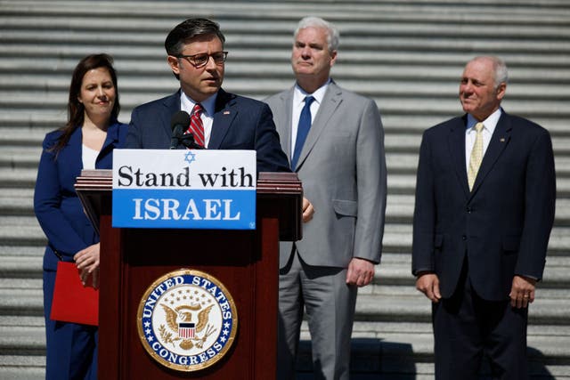 <p>Speaker Mike Johnson and leaders of the House Republican Caucus hold a press conference on a bill that would restrict Joe Biden’s ability to withhold military aid to Israel</p>