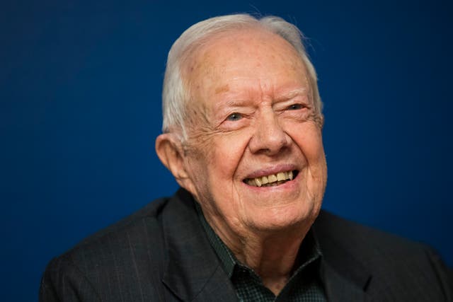 <p>Former U.S. President Jimmy Carter smiles during a book signing event for his new book ‘Faith: A Journey For All’ at Barnes & Noble bookstore in Midtown Manhattan, 26 March 2018 in New York City</p>