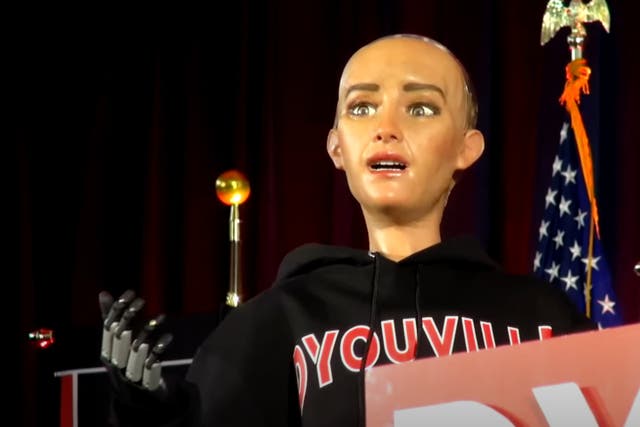<p>Sofia, an artificial intelligence ‘humanoid robot’ delivers remarks at D’Youville University’s Spring 2024 commencement ceremony in Buffalo, New York</p>