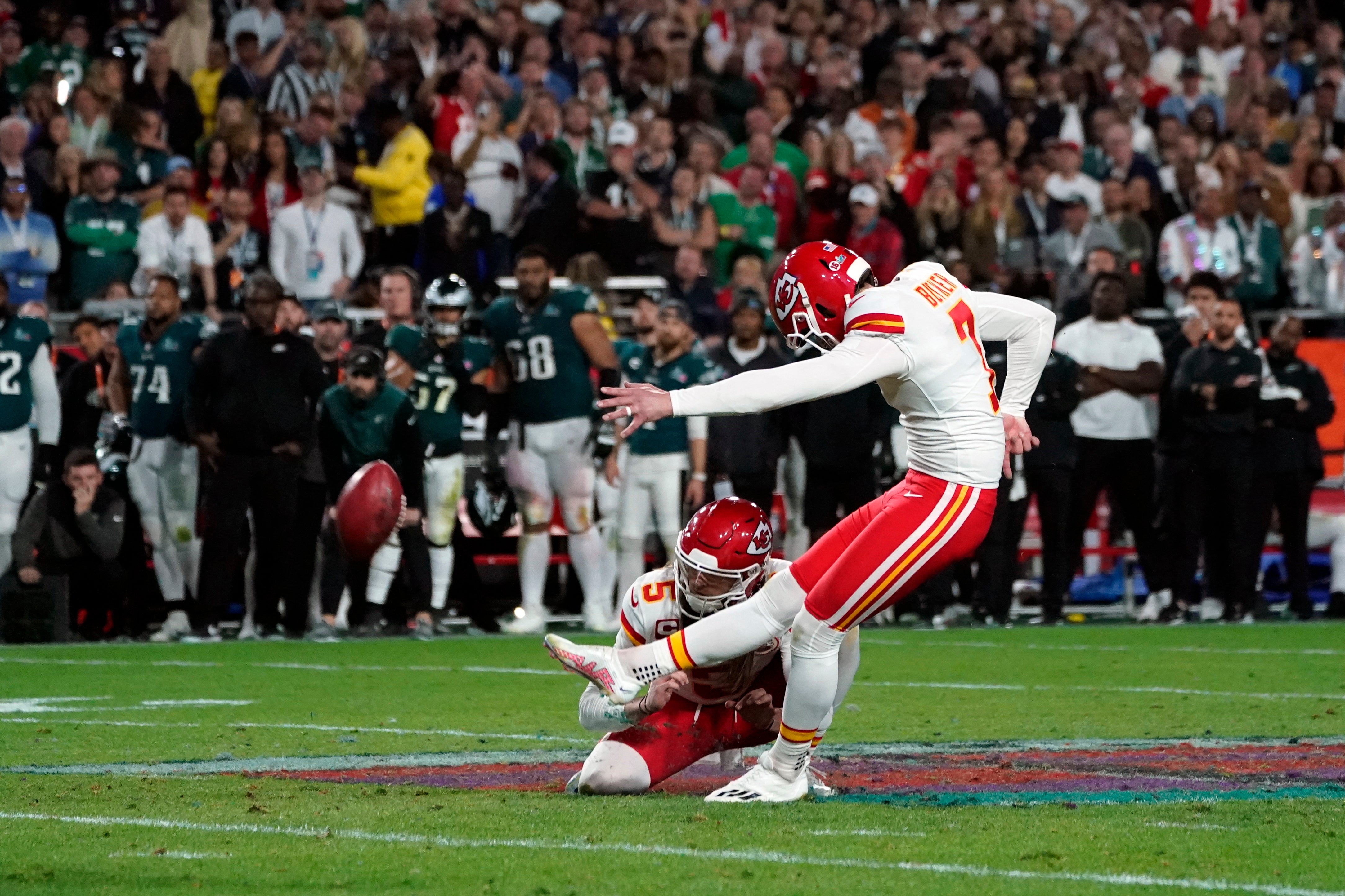 Kansas City Chiefs' kicker Harrison Butker scores the winning points during Super Bowl LVII between the Kansas City Chiefs and the Philadelphia Eagles at State Farm Stadium in Glendale, Arizona, on 12 February 2023. The player has come under fire for remarks he made at a Roman Catholic university earlier this month