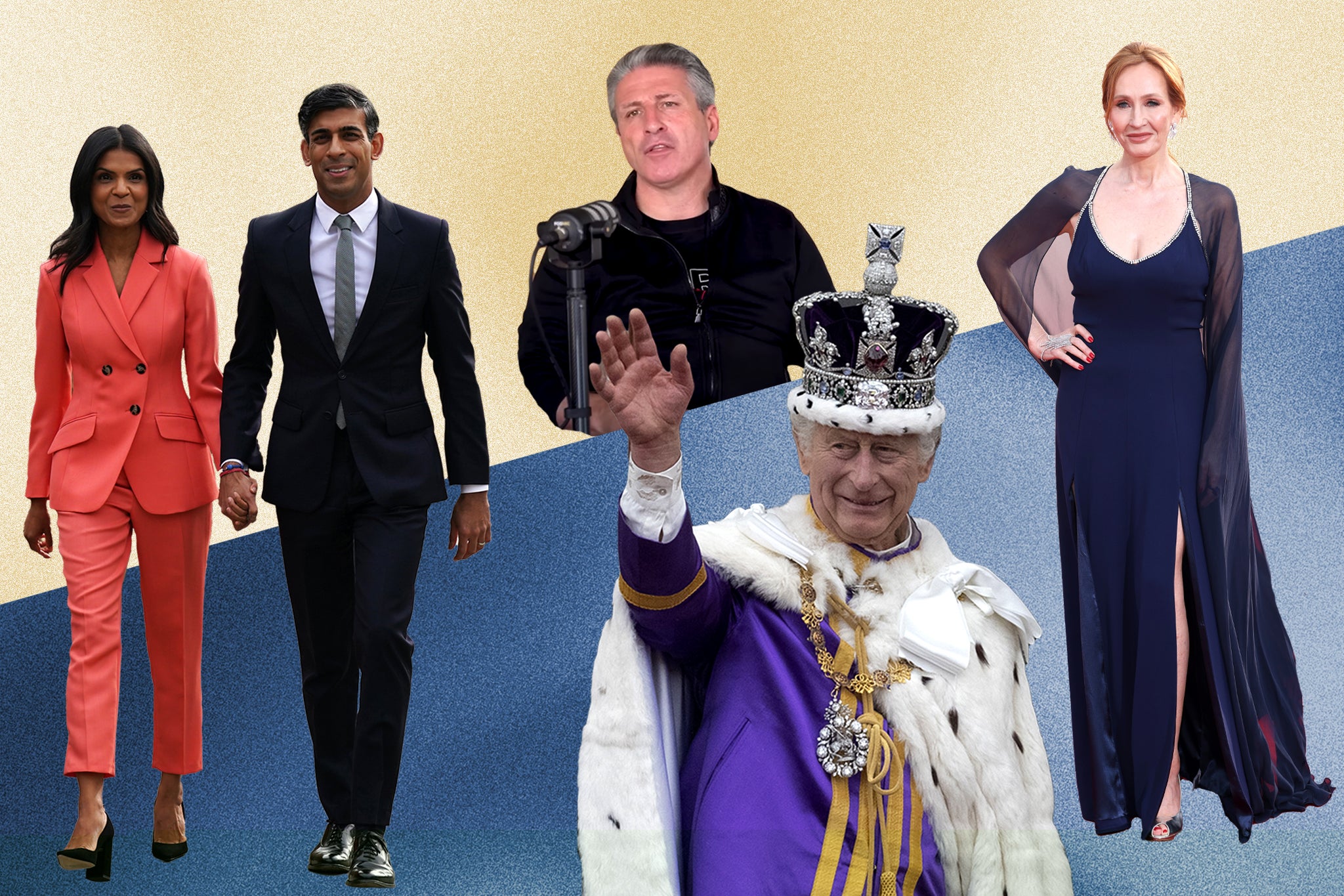 L-R: Akshata Murty, Rishi Sunak, Alfie Best, King Charles III and JK Rowling