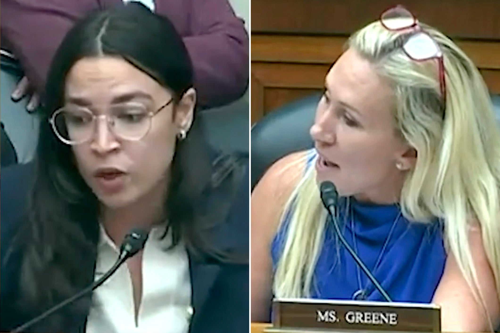 Alexandria Ocasio-Cortez (l) and Marjorie Taylor Greene (r) argue during a commitee meeting
