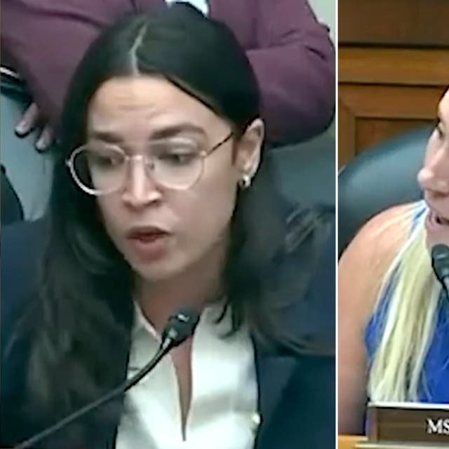 <p>Rep Marjorie Taylor Greene clashes with Rep. Alexandria Ocasio-Cortez during House Oversight Committee hearing</p>