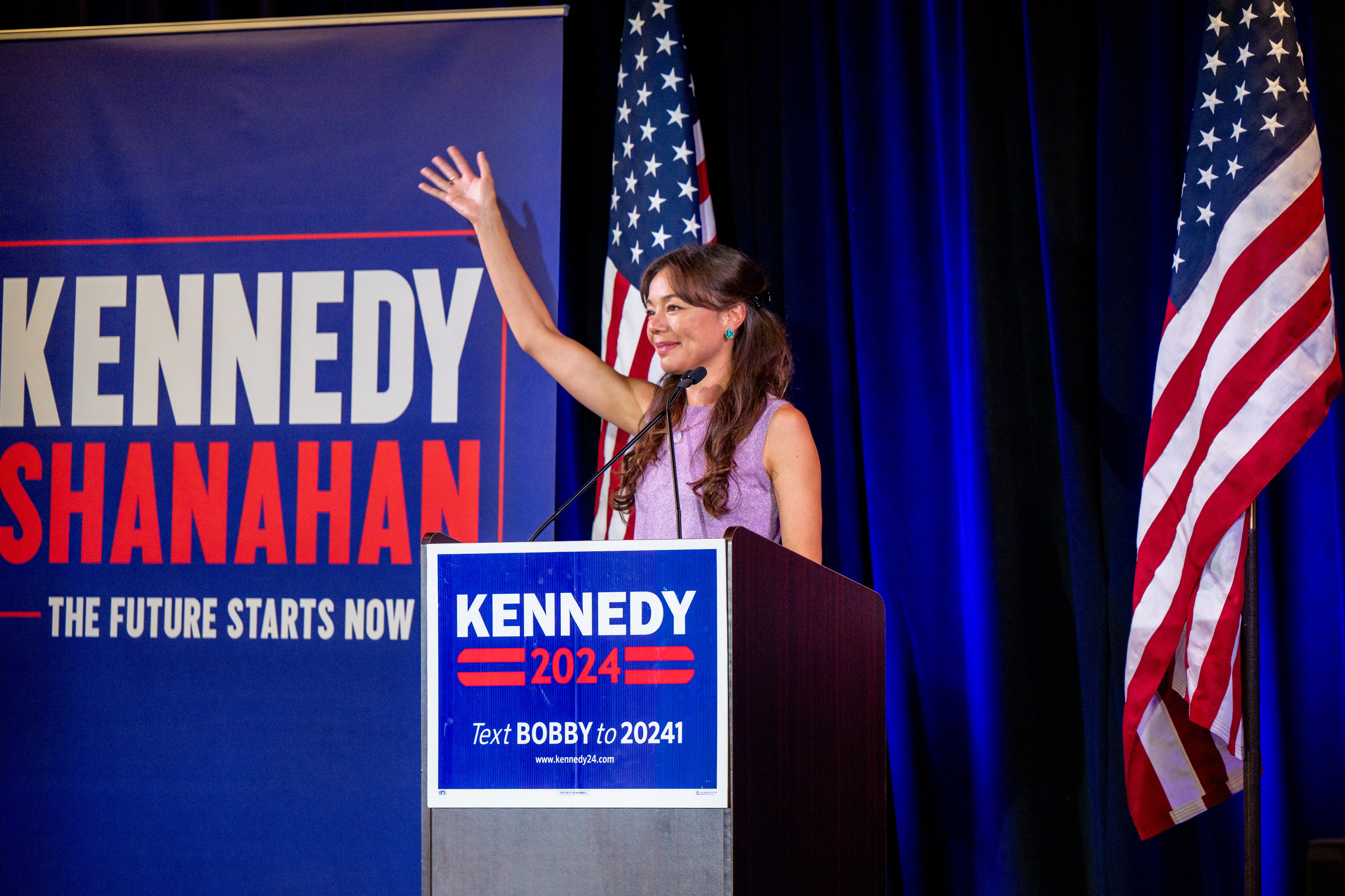 RFK Jr’s running mate, Nicole Shanahan speaks to attendees during a campaign rally in Austin, Texas