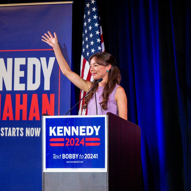 <p>RFK Jr’s running mate, Nicole Shanahan speaks to attendees during a campaign rally in Austin, Texas</p>