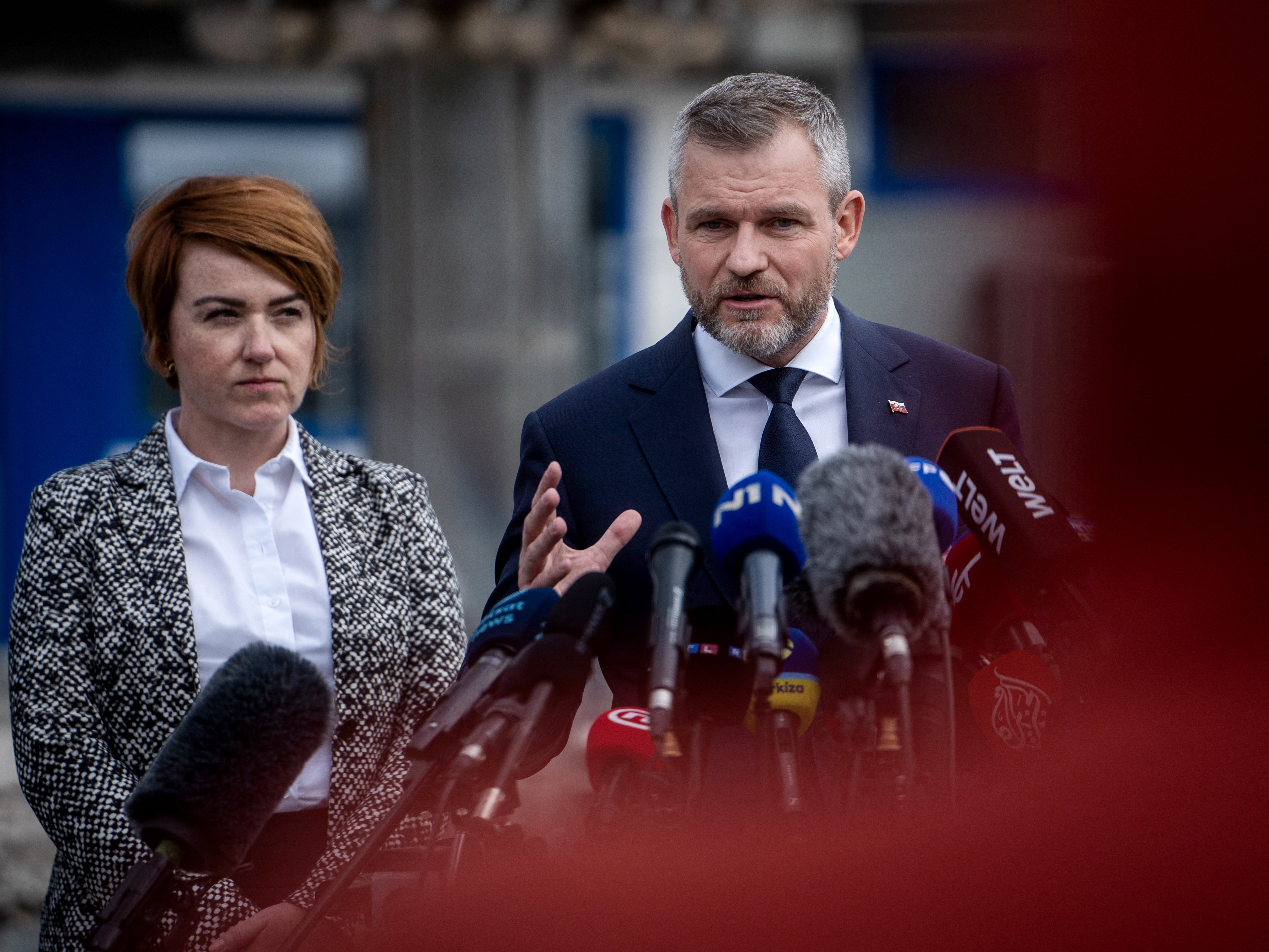 Slovakia’s president-elect Peter Pellegrini speaks to reporters on Thursday to try and calm tensions