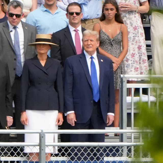<p>Republican presidential candidate former President Donald Trump, standing right with Melania Trump and her father, Viktor Knavs, attends a graduation ceremony for his son Barron at Oxbridge Academy Friday, May 17, 2024</p>