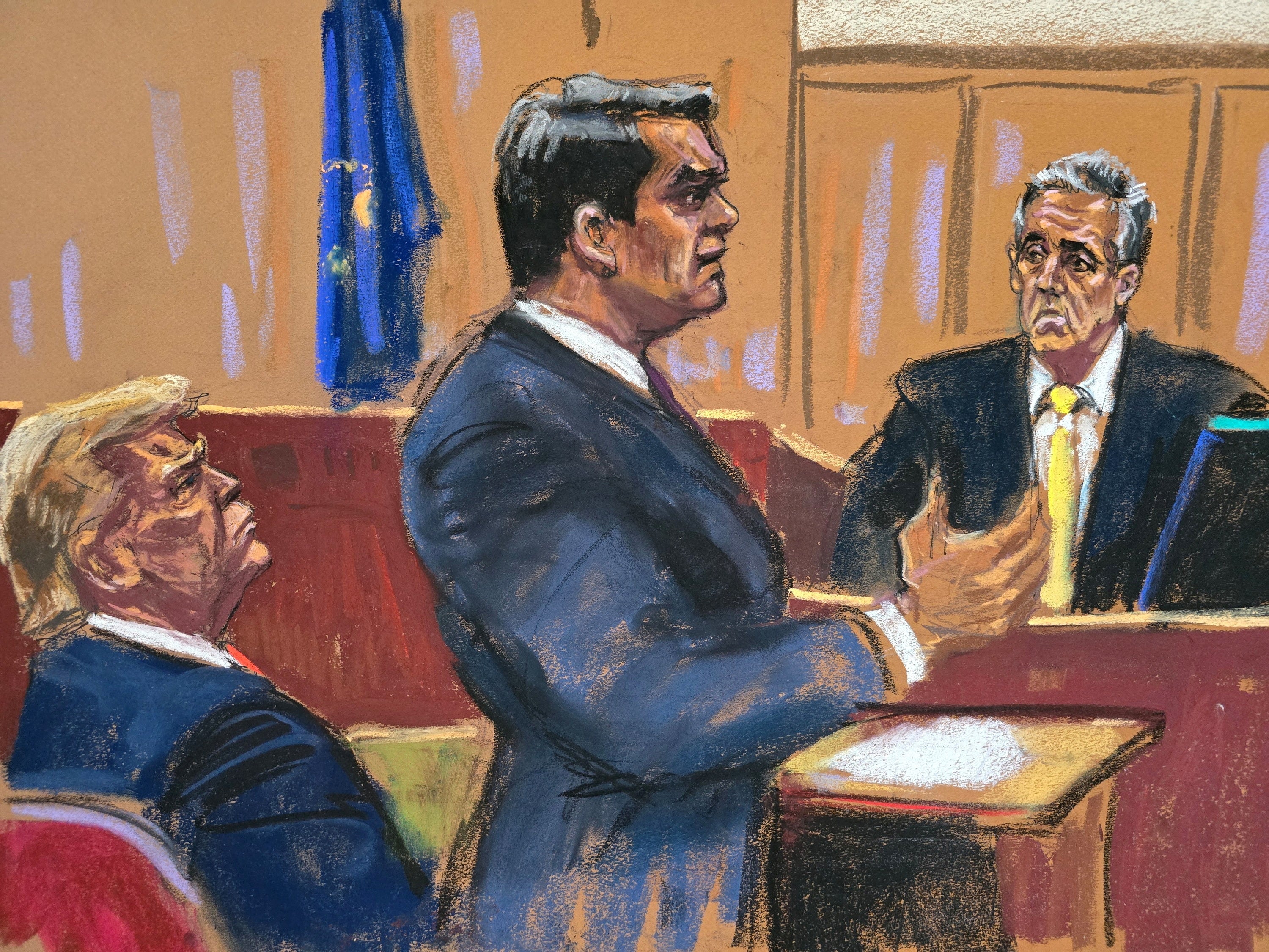 A courtroom sketch depicts Todd Blanche during cross examination of Michael Cohen in Donald Trump’s hush money trial on May 16.
