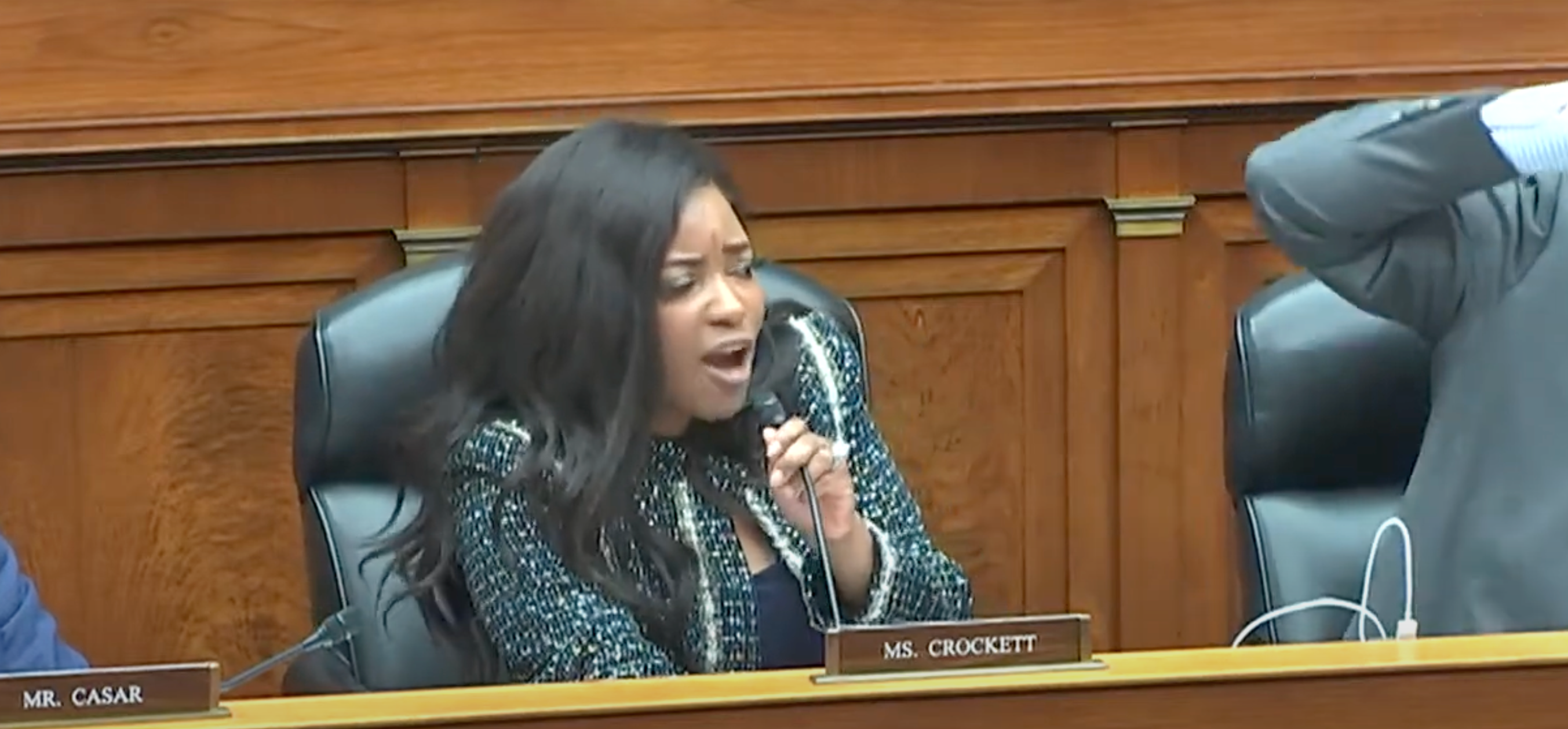 Representative Jasmine Crockett (D-Texas), pictured at a hearing of the House Oversight Committee on Thursday, called Marjorie Taylor Greene a ‘bleach blonde bad-built butch body’