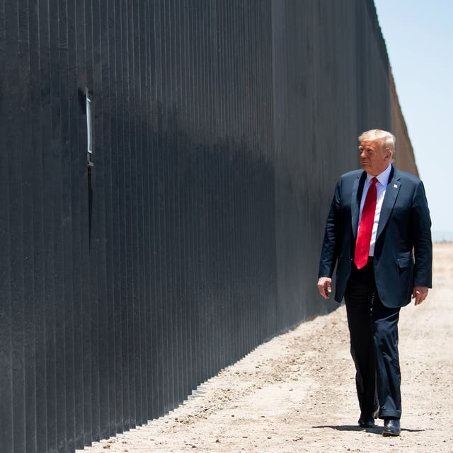<p>Donald Trump participates in a ceremony commemorating the 200th mile of border wall at the international border with Mexico in San Luis, Arizona, 23 June 2020</p>