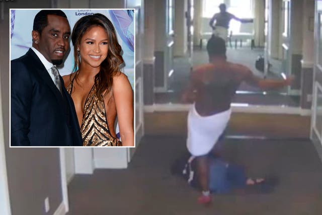 <p>Diddy seen in 2016 footage attacking Cassie in a hotel hallway. Diddy and Cassie pictured together inset</p>