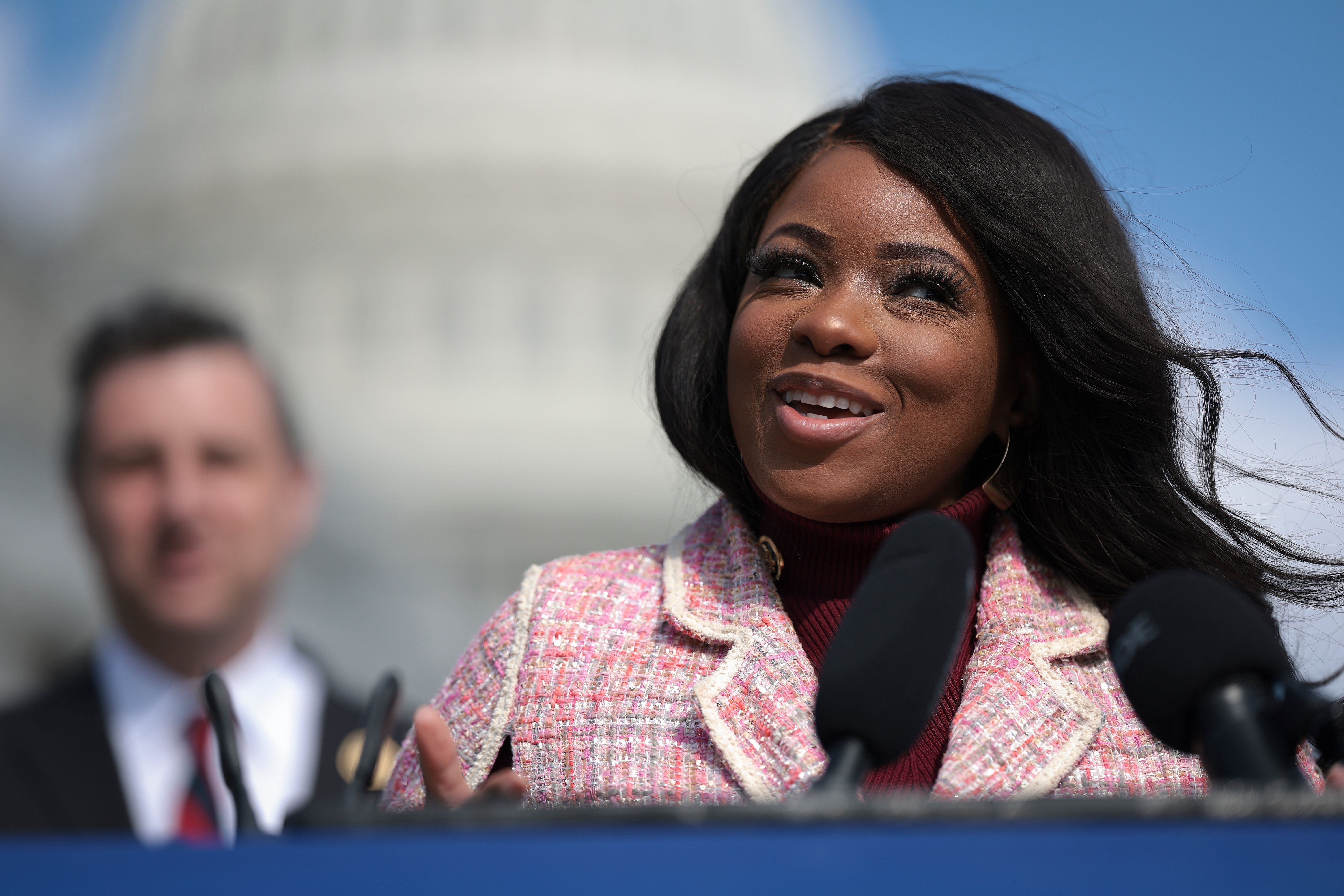 Rep. Jasmine Crockett (D-TX) speaks during a press conference outside the U.S. Capitol March 20, 2024 in Washington, DC
