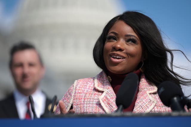 <p>Rep. Jasmine Crockett (D-TX) speaks during a press conference outside the U.S. Capitol March 20, 2024 in Washington, DC</p>