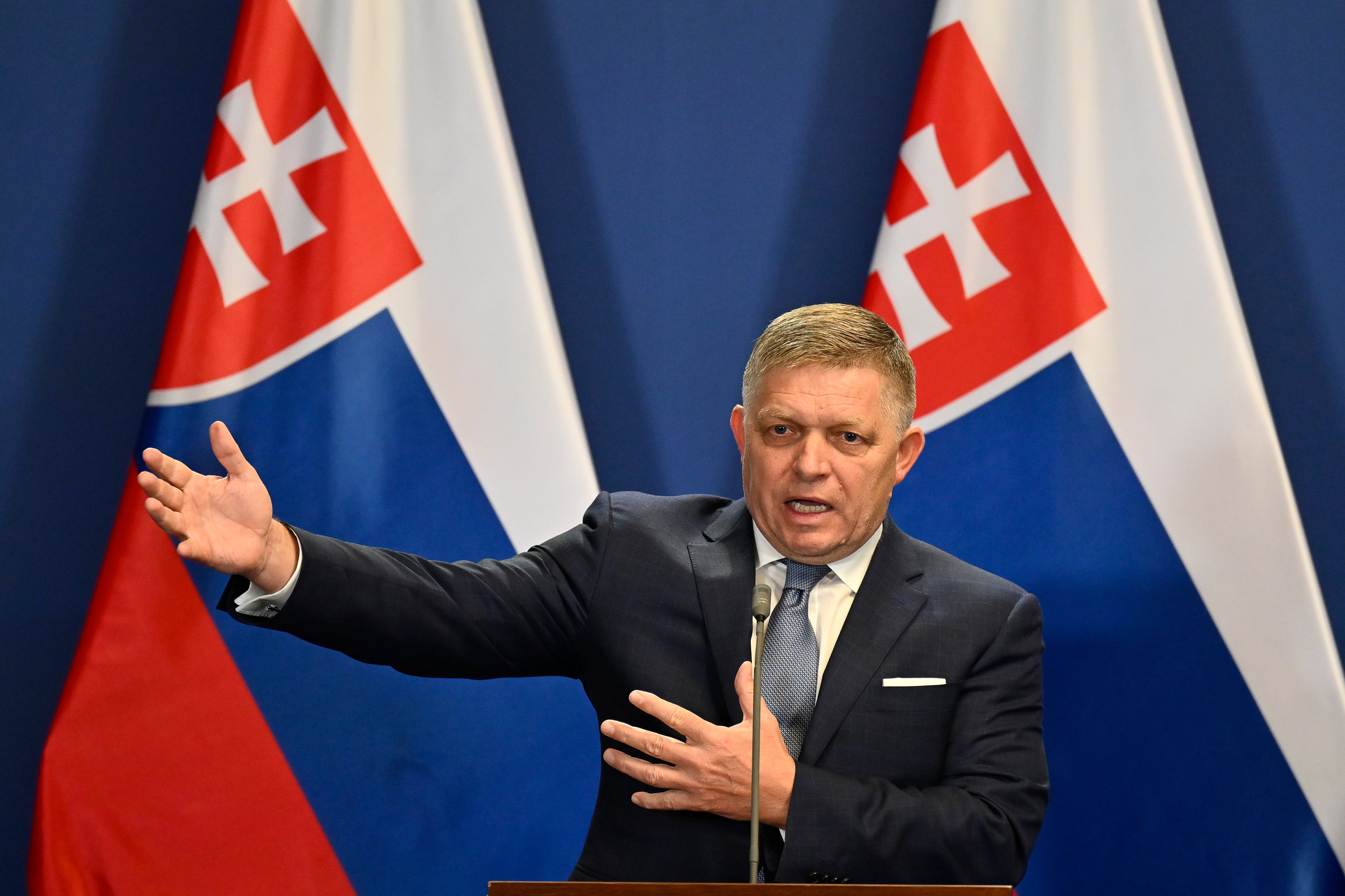 Slovakia’s Prime Minister Robert Fico speaks during a press conference with Hungary’s Prime Minister Viktor Orban