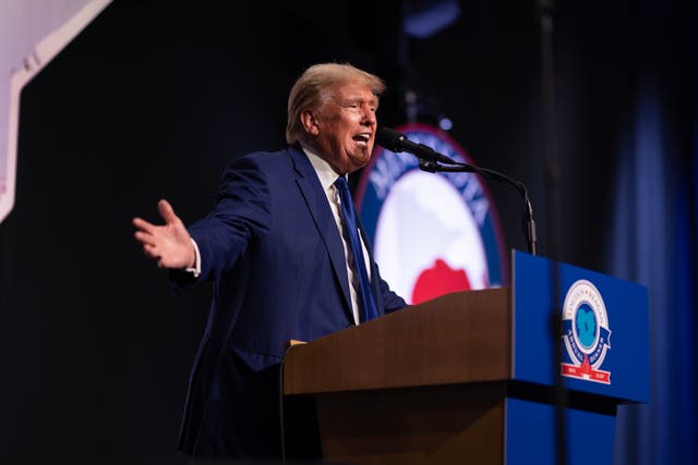 <p>Republican presidential candidate former President Donald Trump speaks to guests at the annual Lincoln Reagan Dinner hosted by the Minnesota Republican party on May 17, 2024</p>