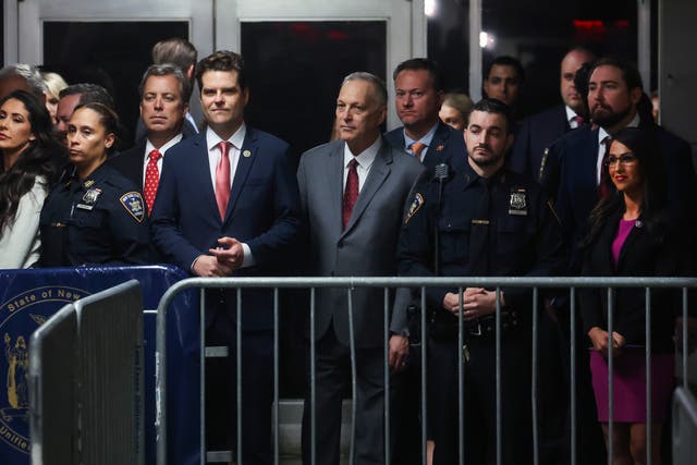 <p>From left to right, Representatives Anna Paulina Luna, Andy Ogles, Matt Gaetz, Andy Biggs, and Lauren Boebert at Manhattan criminal court on Thursday to support Donald Trump at his hush money trial</p>