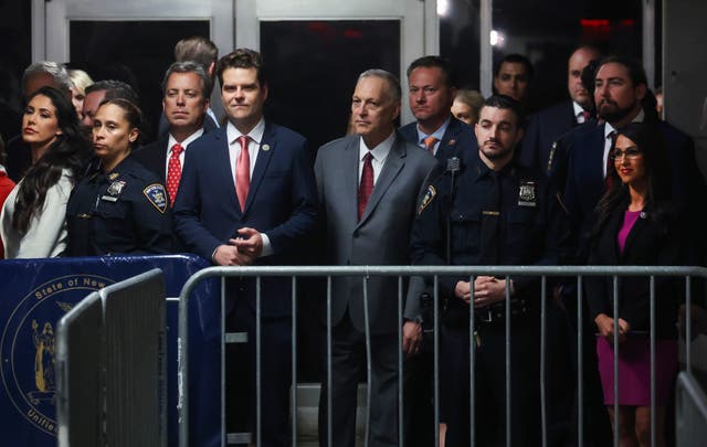 <p>From left to right, Representatives Anna Paulina Luna, Andy Ogles, Matt Gaetz, Andy Biggs, and Lauren Boebert at Manhattan criminal court on Thursday to support Donald Trump at his hush money trial</p>