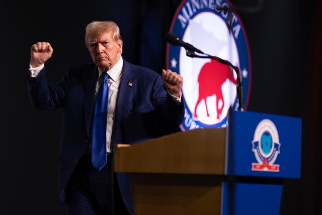 <p>Republican presidential candidate former President Donald Trump speaks to guests at the annual Lincoln Reagan Dinner hosted by the Minnesota Republican party on May 17, 2024</p>