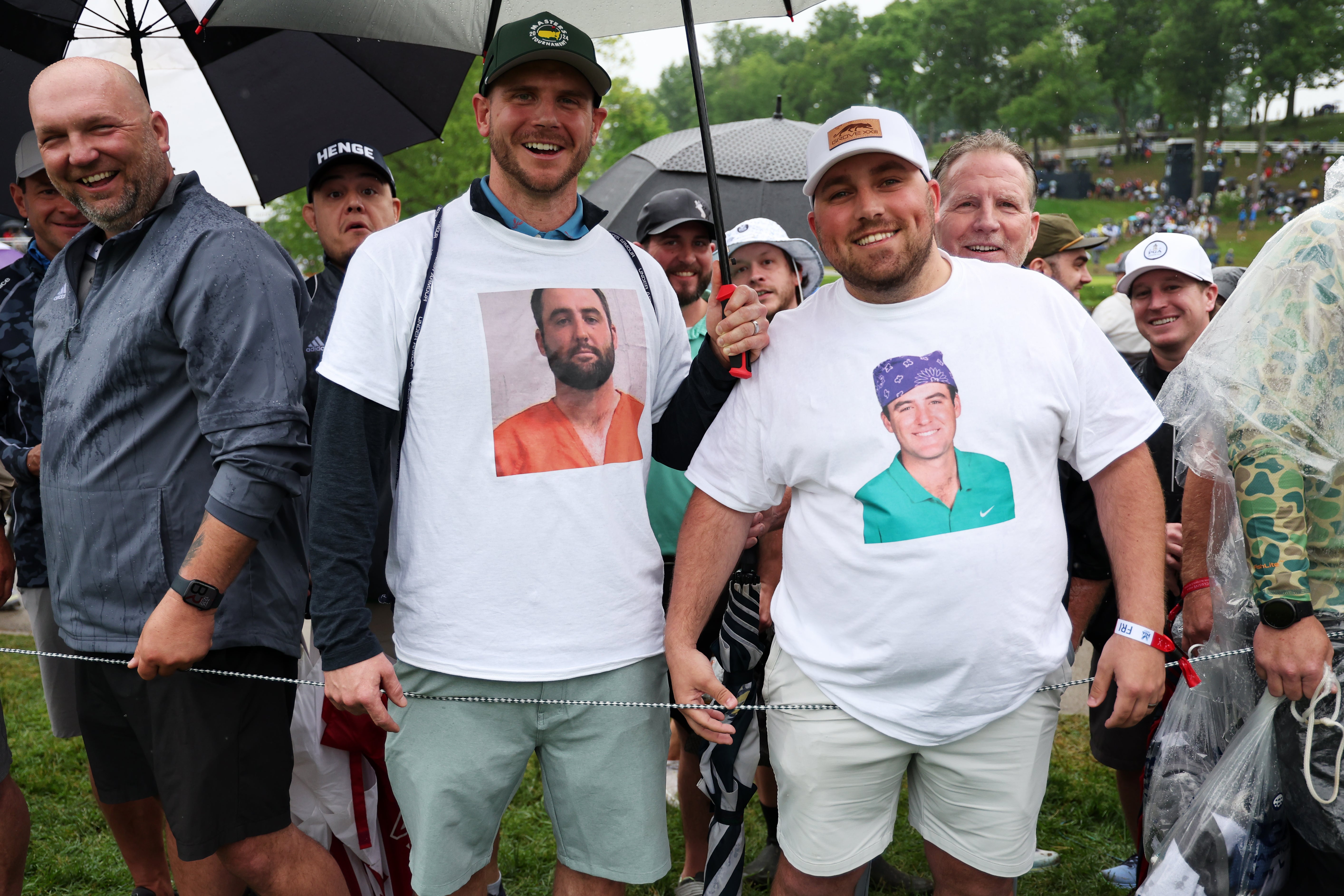 Fans wear shirts of Scottie Scheffler in his mugshot during second round of the 2024 PGA Championship at Valhalla Golf Club on May 17, 2024