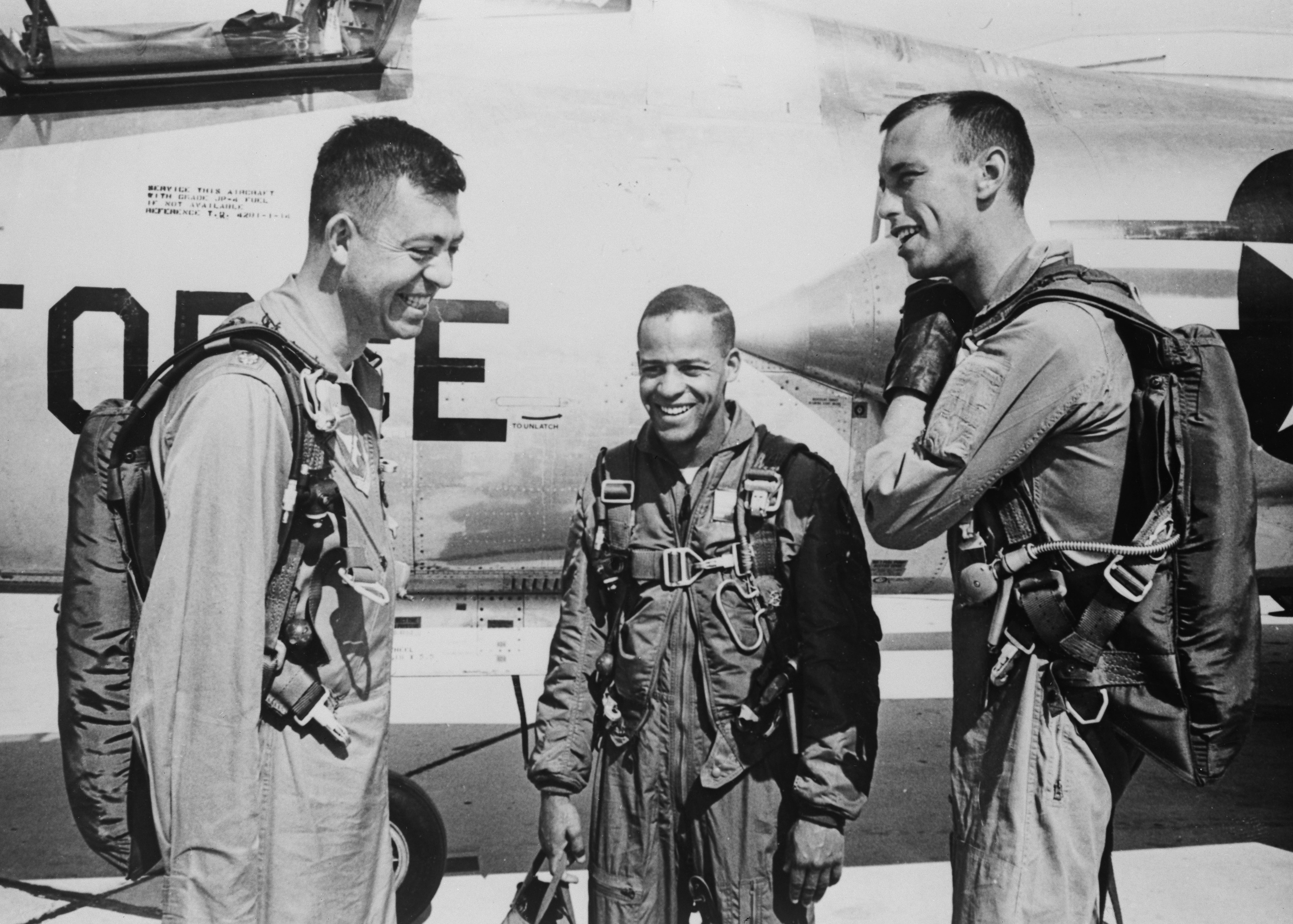Ed Dwight (centre) pictured with fellow trainees in 1963 at the Aerospace Research Pilot School. Mr Dwight retired from the Air Force in 1966