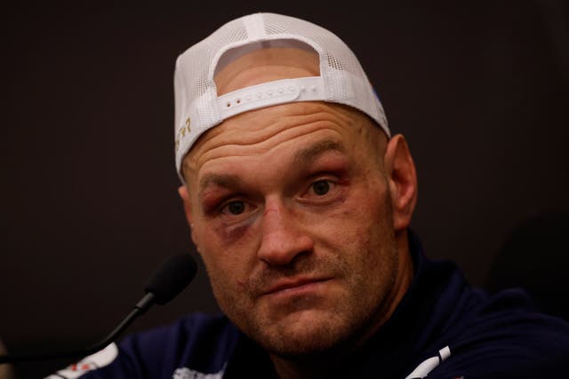 <p>Tyson Fury during his post-fight press conference</p>
