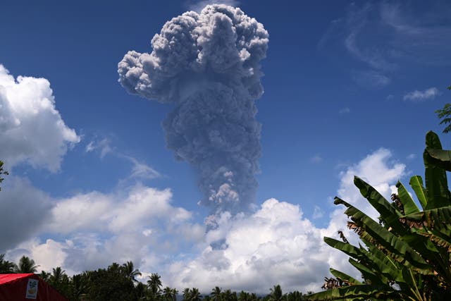 <p>A handout photo made available by Indonesian’s Center for Volcanology and Geological Hazard Mitigation shows thick grey ash and dark clouds spewed from Mount Ibu in North Maluku province, Indonesia, 15 May 2024 </p>