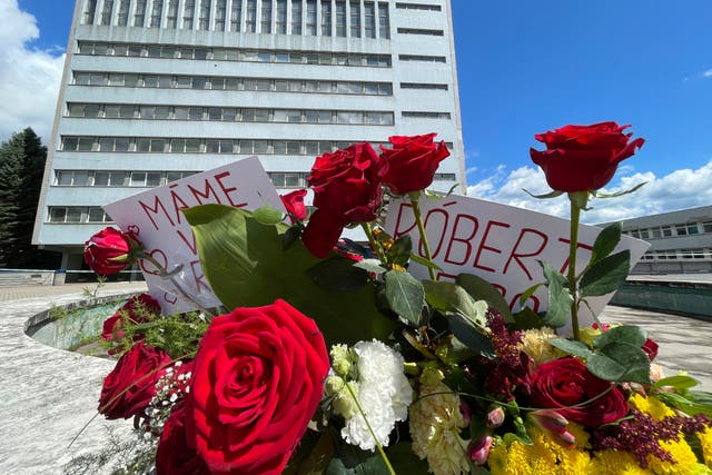 <p>Flowers are placed outside the F. D. Roosevelt University Hospital </p>